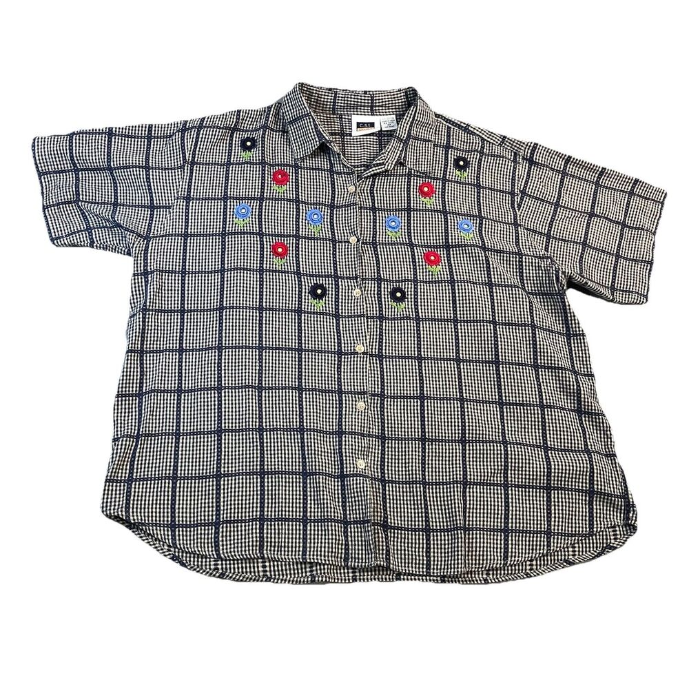 VTG C.S.T. Sport Beige Navy Plaid Floral Embroidered Button Top Womens Size 2X